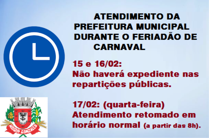 CONFIRA O ATENDIMENTO DA PREFEITURA MUNICIPAL DURANTE O FERIADO DE CARNAVAL